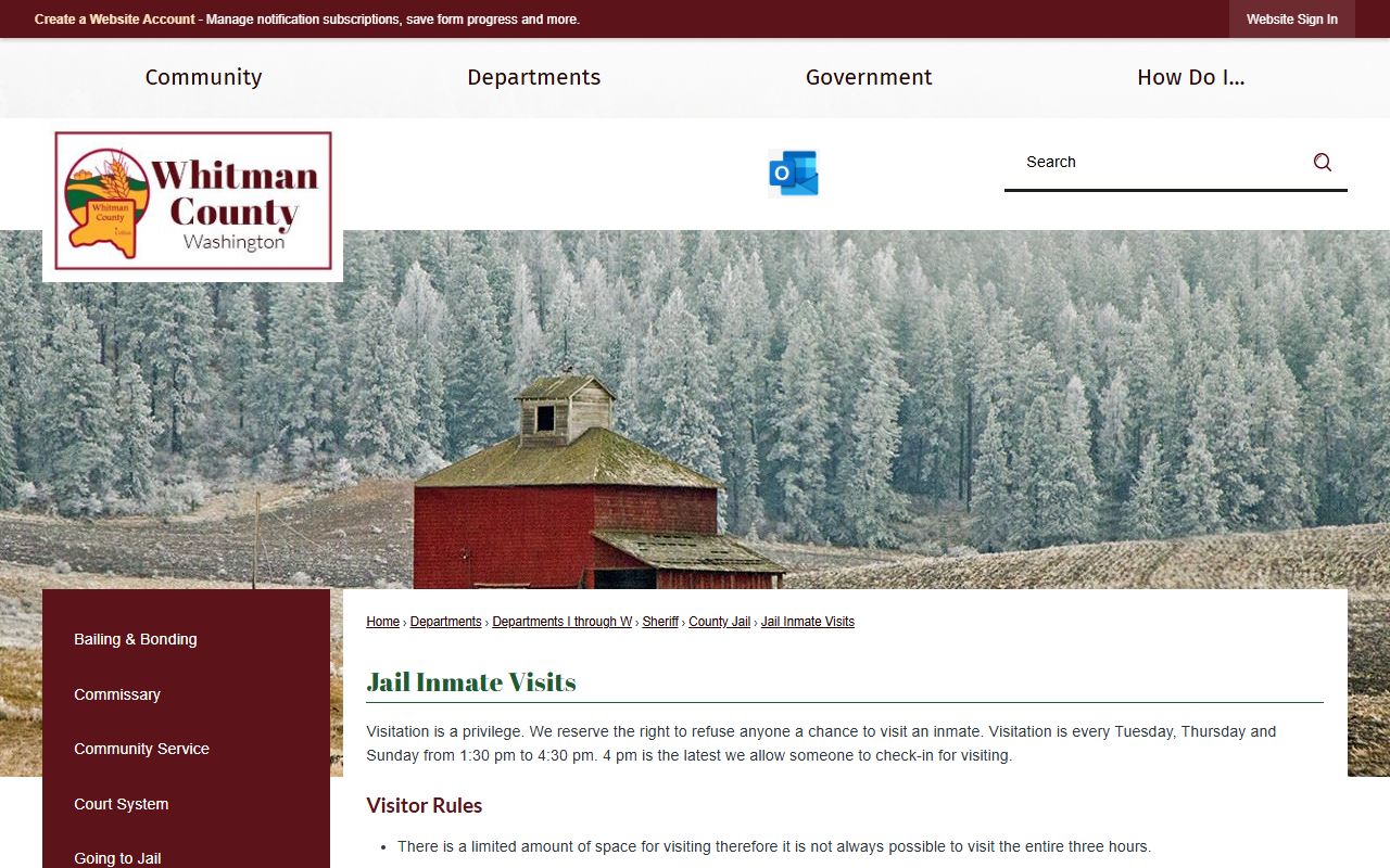 Whitman County Jail visitation schedule and rules