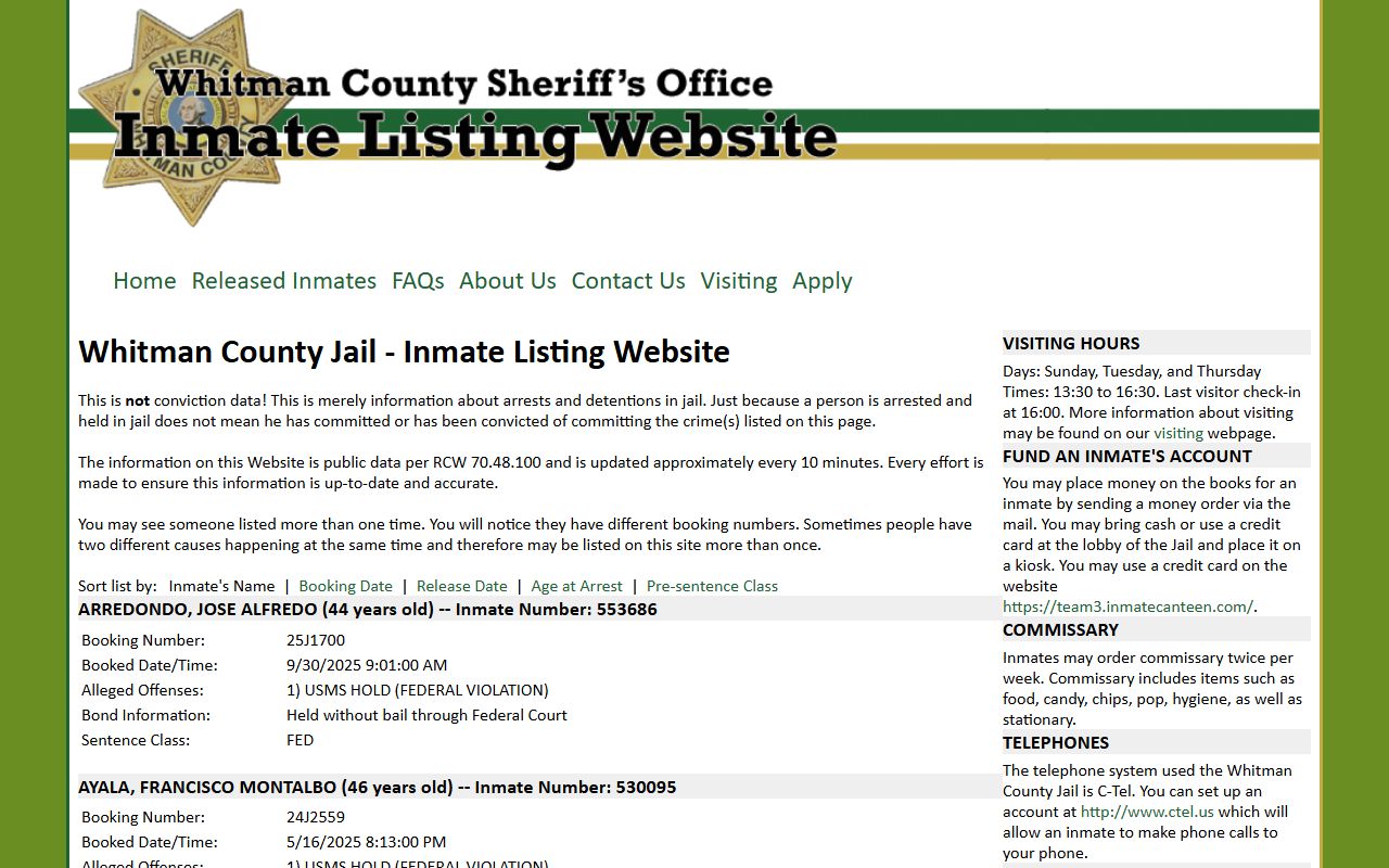 Whitman County jail roster inmate population name sort