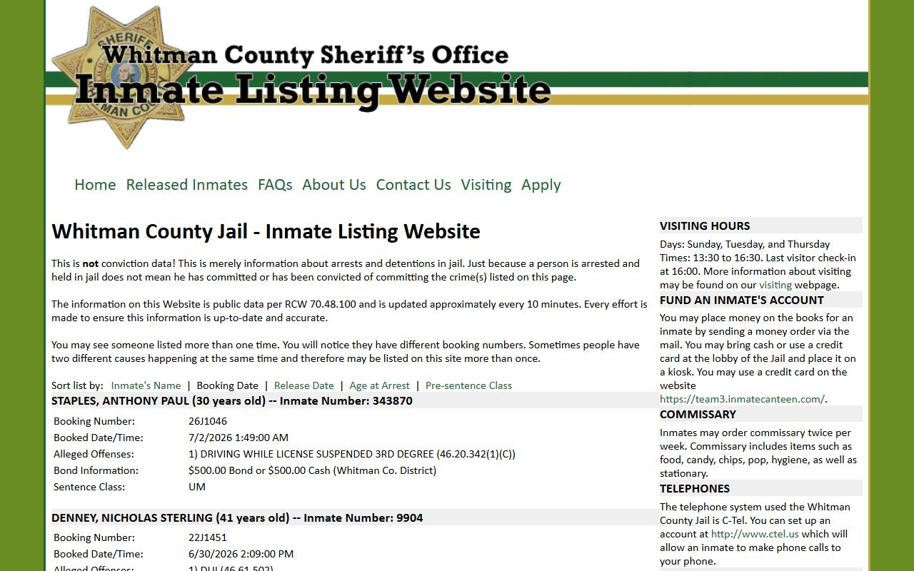 Whitman County inmate records roster sorted by booking date